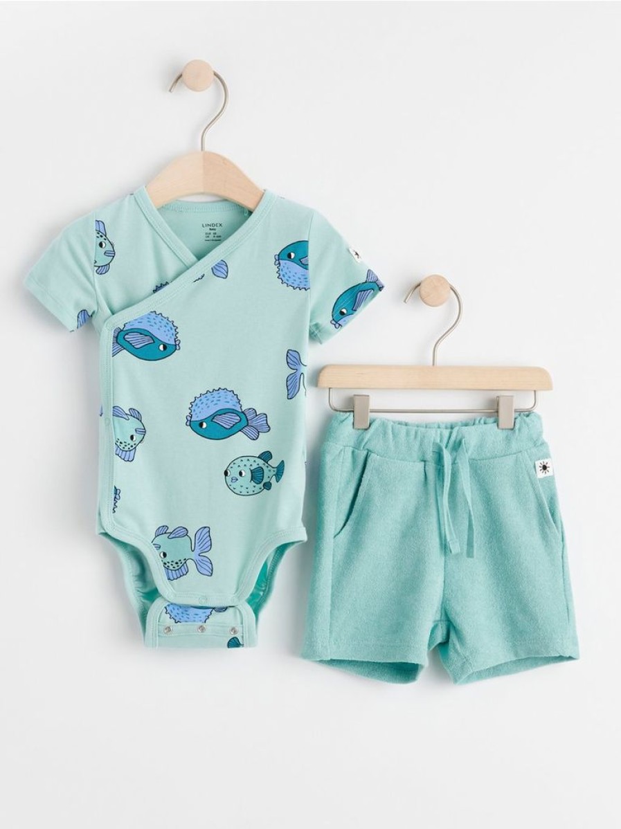 Baby Lindex  | Saet Med Sla-Om Body Og Shorts Turkis (Light Dusty Turquoise)